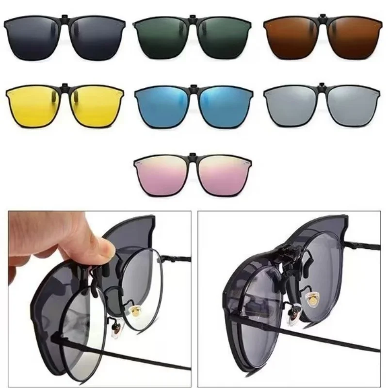 Car Mirror - 偏光クリップ式サングラス、男性用、調光レンズ、運転用ゴーグル、夜間視力対応、眩しさ防止、ヴィンテージ風スクエア型アイウェア。