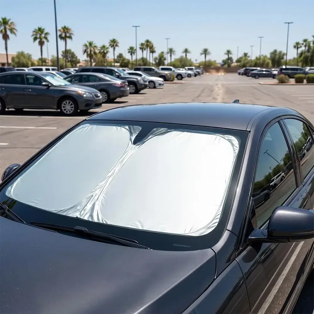 Windshield Sun Shade - 車用サンシェード フロントウィンドシールド チタンシルバー 厚手シェードカバー 折りたたみ式サンシェード 内部UV保護アクセサリー